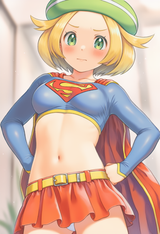 1girl, Pokemon, Bianca (pokemon), Supergirl (cosplay), skin tight, blush, blue s s-2230958202