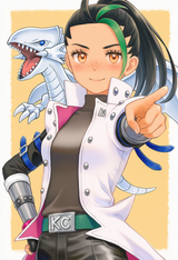 1girl, Kaiba Seta (cosplay), Nemona (pokemon), hand on own hip, pointing at view s-704503621