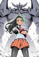 1girl, Nemona (pokemon), Obelisk the Tormentor, crossed arms, smile, wind, from s-2050499182