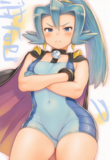 1girl, Clair (Pokemon), bodysuit, thick thighs, standing, glare, scowl, crossed s-3074036589