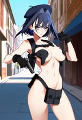 51124-3543117119-obj shep, mamaloni, rei _(sanbonzakura_), (honjou raita_0.65), 1girl, ouro kronii, nudist beach uniform, dynamic pose, beret, be