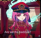 Her hat has a skull on it