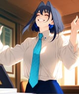 51242-4212521067-obj shep, mamaloni, rei _(sanbonzakura_), (honjou raita_0.65), 1girl, ouro kronii, arms out, dress shirt, necktie, closed eyes,