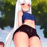 00267-4053479635-human loli girl looking directly into the camera, 1girl, (long white hair), (tank_top), (shorts), ((sweat)) (((glistening_body))