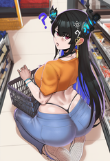 artist_aestheticc-meme, 1girl, nerissa ravencroft, denim pants, kneeling, shoppi s-602078918