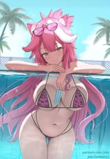 gelbooru.com 12241826 1girl animal_ears bare_shoulders bikini blue_sky blush breasts closed_mouth cloud full
