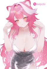 gelbooru.com 12197606 1girl animal_ears blush breasts cleavage collarbone dress glitter_dress grey_dress full