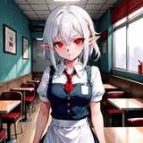white_haired_elf_woman_one_red_eye_and_a_eye_patch_waitress_uniform_empty_room_3525415813