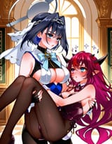 51794-3473179166-mamaloni, 2girls, ouro kronii, irys _(hololive_), playboy bunny, pantyhose, princess carry, indoors, looking at another, aroused