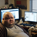 A portrait of an overweight, balding man around 22 years old, sitting in a messy room in front of a computer displaying a JP style chan imageboard. Th