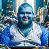 A portrait of a confident and hopeful man around 22 years old who is very overweight, balding, and has completely blue skin. He sits in an extremely m