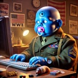 An oversized bald baby with bright blue skin, adult in height, sitting at a computer typing with a baby pacifier in his mouth. He is wearing a WWII mi