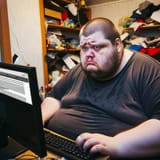 An overweight, balding young man, approximately 22 years old, sitting in a messy room. He is using a computer, displaying a look of frustration and sa