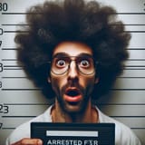 A mug shot of a white man with an afro hairstyle, dark hair, and glasses. He looks amazed. The background is a standard police mug shot backdrop, and