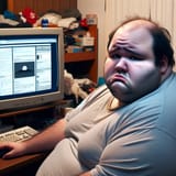 A portrait of an overweight, balding man around 22 years old, sitting in a messy room in front of a computer. He looks sad and upset, with a slight fr (2)