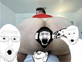 Soyjak coming out of Nikocado&#039;s asshole while two other soyjaks are pointing at it and Swedish win smiles