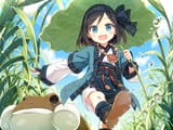 Konachan.com - 317704 animal aqua_eyes ayakashi_kyoushuutan black_hair clouds cura frog grass headband loli necklace palopolo short_hair sky water