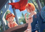 Konachan.com - 311014 2girls aki_minoriko aki_shizuha bikini blonde_hair food roke_(taikodon) swimsuit touhou