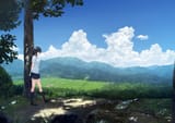 Konachan.com - 221969 aoyama_sumika black_hair clouds coffee-kizoku grass kneehighs landscape original scenic shade skirt sky summer third-party_edit tree