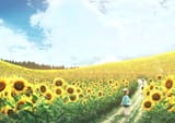 Konachan.com - 237744 clouds flowers hat kupe loli male original short_hair shorts skirt sky summer sunflower tree