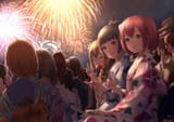 Konachan.com - 246557 apple black_hair bow braids brown_hair festival fireworks food fruit green_eyes group night orange_hair pink_eyes pink_hair short_hair signed summer