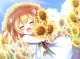 Konachan.com - 246093 amamine animal_ears blonde_hair blush bow catgirl clouds dress flowers hat loli original petals ribbons short_hair sky summer sunflower tail waifu2x