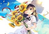 Konachan.com - 253192 blush brown_hair butterfly clouds dress flowers green_eyes hat kuga_tsukasa loli original ribbons sky summer sunflower wink
