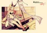 Konachan.com - 269156 bikini blonde_hair demon fan fishine food fruit heart horns long_hair navel signed summer swimsuit tattoo watermark watermelon yellow_eyes yukata