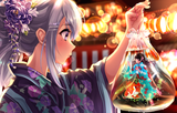 Konachan.com - 269357 2girls animal black_hair blush close festival fish flowers gray_hair long_hair nijisanji ponytail purple_eyes summer tdnd-96 underwater water yukata