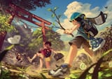 Konachan.com - 311518 all_male animal dog grass male noeyebrow_(mauve) original signed stairs summer torii