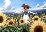 Konachan.com - 306599 anthropomorphism blush bow brown_hair clouds dress flowers hat kantai_collection scenic short_hair sky summer summer_dress sunflower water wristwear