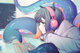 Konachan.com - 343500 black_hair close computer green_eyes headphones hololive hoodie ninomae_ina&#039;nis sketch tentacles ysoroth