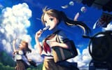 Konachan.com - 312517 2girls aliasing aqua_eyes black_hair brown_hair clouds kirisita long_hair original ponytail popsicle school_uniform skirt sky summer