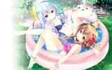 Konachan.com - 224522 2girls aqua_eyes ball barefoot bikini blue_hair brown_hair flowers food grass hoodie ice_cream loli navel pool popsicle summer swimsuit tree water wet