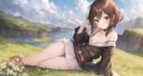 08878-3962270608-masterpiece, best quality, best hands, 1girl, bangs, bare_shoulders, belt, black_hair, blue_sky, blush, breasts, brown_hair, clo