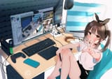 Konachan.com - 307936 barefoot blush brown_hair choker computer game_console headphones phone sabami sabamizo_channel short_hair signed twintails yellow_eyes