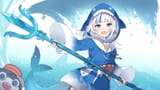 Konachan.com - 316909 animal aqua_eyes dress fish flat_chest gawr_gura hase_neet hololive hoodie short_hair tail water weapon white_hair