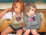 Konachan.com - 365328 2girls blue_eyes blush bow breast_hold breasts brown_hair cleavage dark_skin fang gray_eyes long_hair masami_chie original school_uniform wristwear