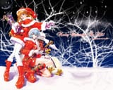 Konachan.com - 62 ayanami_rei blue_eyes blue_hair boots christmas gloves hat long_hair orange_hair penpen red_eyes santa_hat short_hair snow tree wand winter
