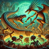 Xolotl and Quetzalcoatl retrieving bones from the underworld to create humanity
