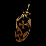 golden medieval crusader shield, helmet, sword