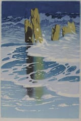 The reflections of those two pilings are inked in the plate_ The white foam on the water has a second plate for the slightly darker value