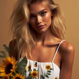 Sarah, a blond woman, wearing a white sun dress with yellow sunflowers on it