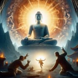 A giant Buddha radiating light and life, with three men in the background frozen with terror