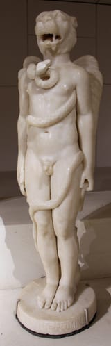 Siria,_sculture_del_mitreo_di_sidon,_389_dc,_krono_mitriaco_con_testa_leonina_e_spire_del_tempo_(serpente)-1