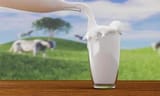 pour-fresh-milk-from-a-clear-glass-bottle-pour-overflowing-milk-on-a-wooden-floor-table-the-background-is-a-wide-field-with-milk-cows-walking-3d-rendering-free-photo