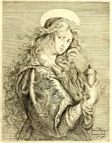 Magdalena, holding a pot of unguent in one hand and her hair with the other_ 1627 Etching Vaiani, Anna Maria